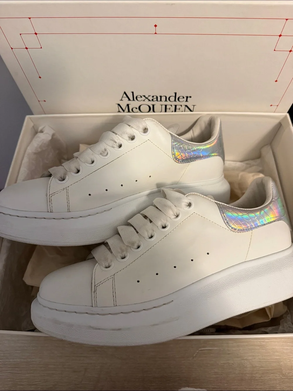 Alexander McQueen Larry White Platform Sneakers with Iridescent Heel Size 8.5